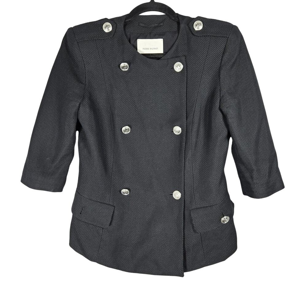 Pierre Balmain 3/4 Sleeve Black Tweed Military Blazer Sz 40/8 Jacket Silver Logo